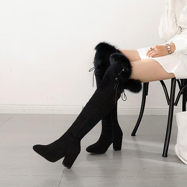 

boots winter style warm knee high snow women genuine leather .5cm heels true fur shoes, Black