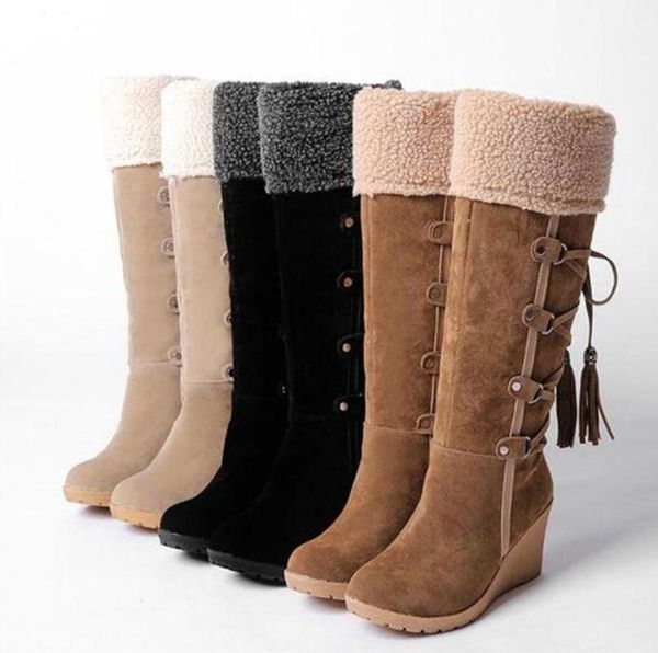 

boots women winter snow wedge high heels ladies lace plush warm knee-high fashion footwear female plus size 43 shoe, Black