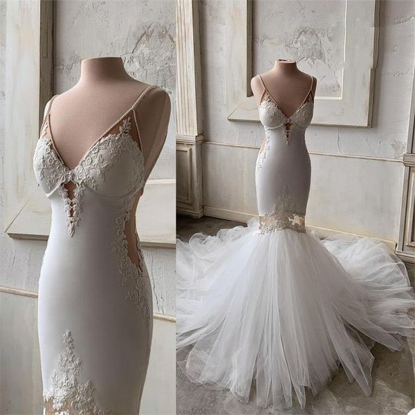 

real image mermaid wedding dresses with detachable train beads appliqued lace bridal dress custom made backless chic robes de mariÃ©e, White