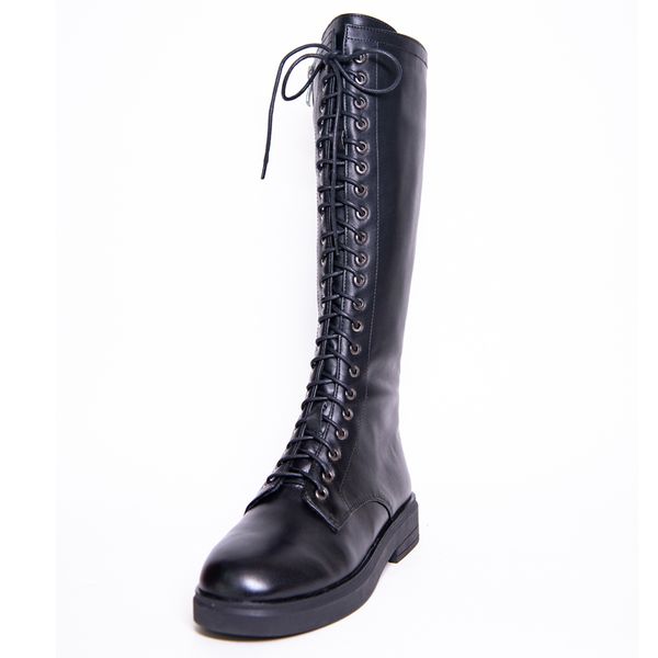 

leather knee high boots women autumn winter low square heel ladies cross strap shoes g283 woman lace up black round toe boots y1221