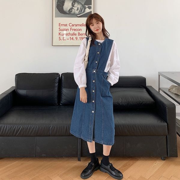 

nyzxq large designtwo skirtsleeveless women's autumn vest skirtbe careful of machine denim side length dress skirtlong skirt long skirt, Black;gray