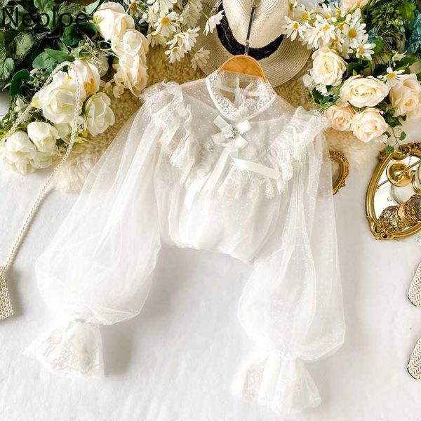 

neploe women office lady chiffon blouse spring 2020 new solid o-neck puff sleeve bow slim chic female fashion shirts 1a1721, White