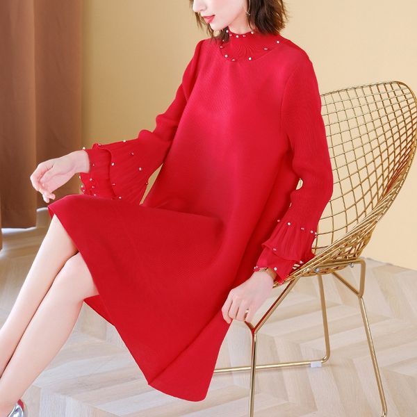 

elegant skirt aline skirt red dress 2020 autumn new women's loose large size fat mm belly covering festive mom aline dress vs9ct, Black;gray