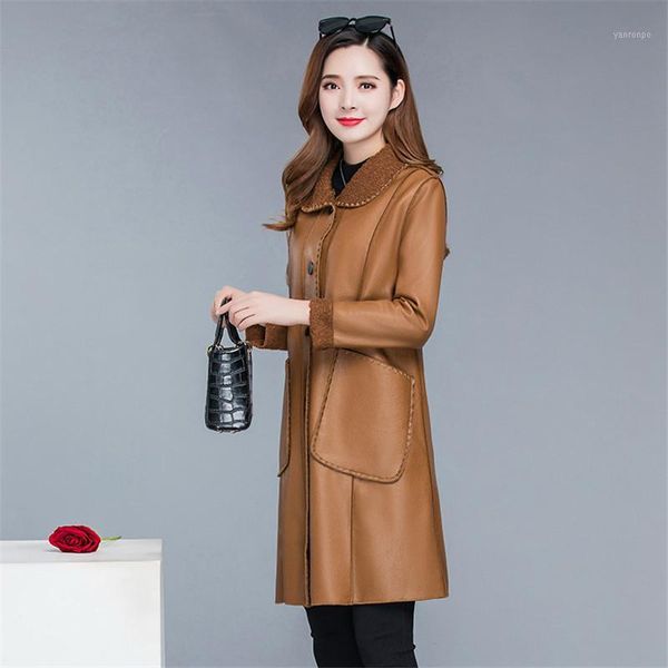 

winter warmth faux leather coat women black brown plus size pu jacket 2021 new lapel leisure fashion plus thick coat1