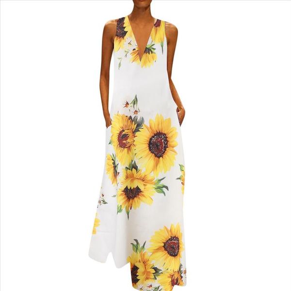 

maxi dress for women plus size fashion sunflower print long dresses sleeveless v neck bohemian long sundress vestidos femme new, Black;gray
