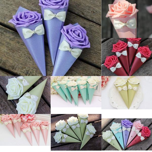 

flowers rose paper cone shape bowknot diamond various color candies boxes wedding table decor party gift box 3 nweg6