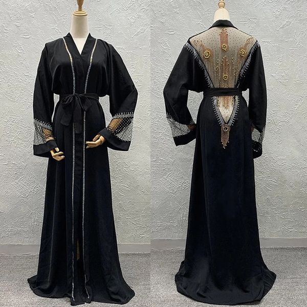 

new muslim abayas dubai kaftan abaya hijab set shiny stones beading lace dress boubou turkish woman clothes cardigan, Black;gray