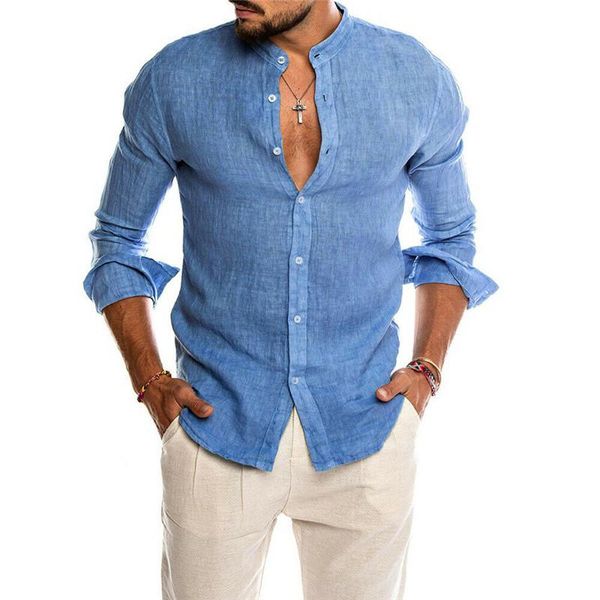 

men's casual shirts 2021 fashion men cotton linen long sleeve stand neck loose blouse clothes swam print shirt top, White;black