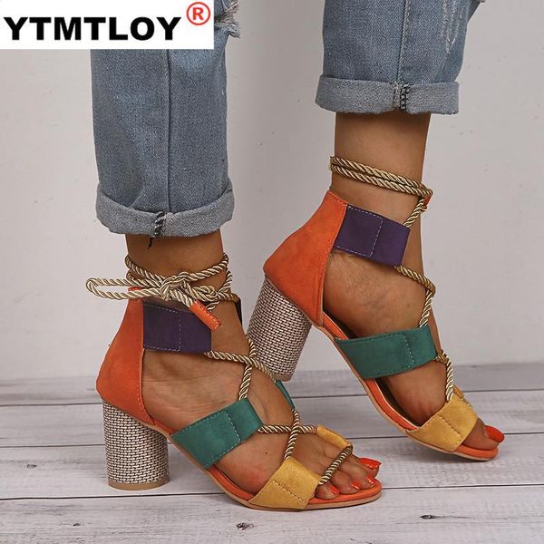 

women sandals 2021 new summer espadrilles high heel open toe gladiator plus size casual cross-tied chunky heels, Black