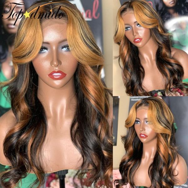 

dmido highlight honey blonde color 13x6 lace front wigs with baby hair loose wave remy human hair wigs for women, Black;brown