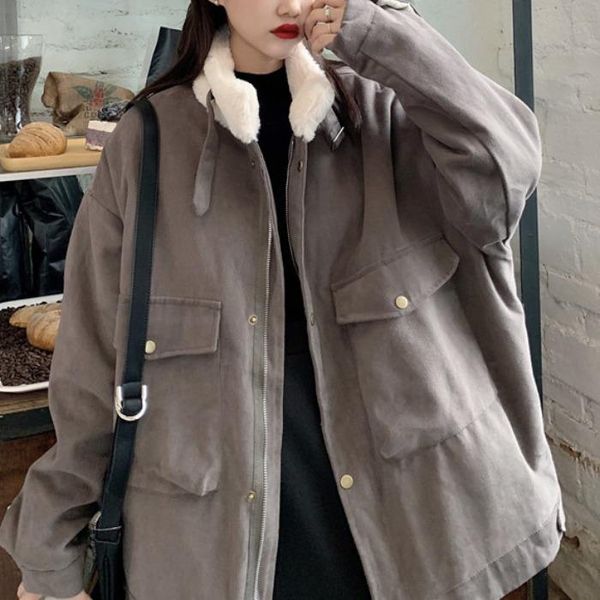 

korean style loose all-match tooling thick coat, Black