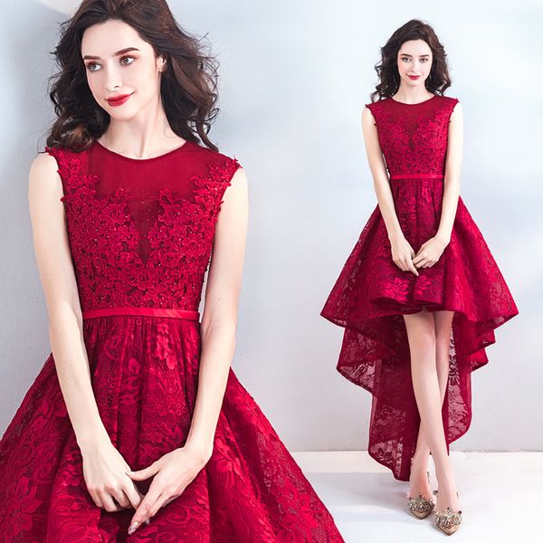 

robe de soiree scoop elegant banquet lace evening dress sleeveless short front long back appliques party prom formal dresses, Black;red
