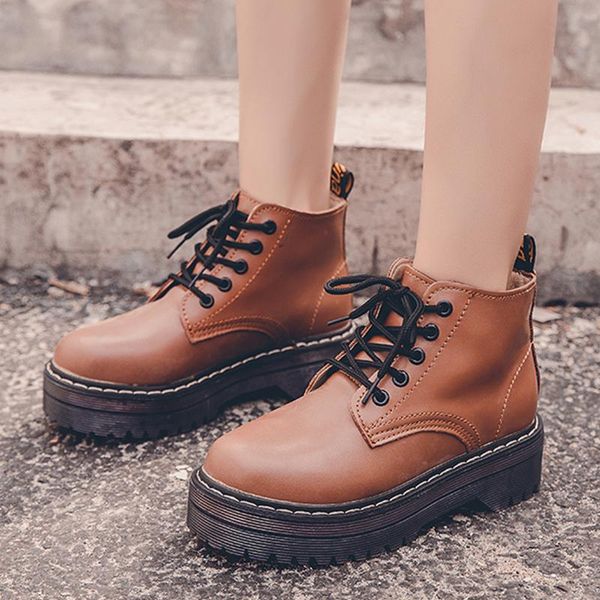 

women short boots motorcycle boots lace-up platforms autumn comfortable leather shoes ankle lovely round head ladies shoes, Black