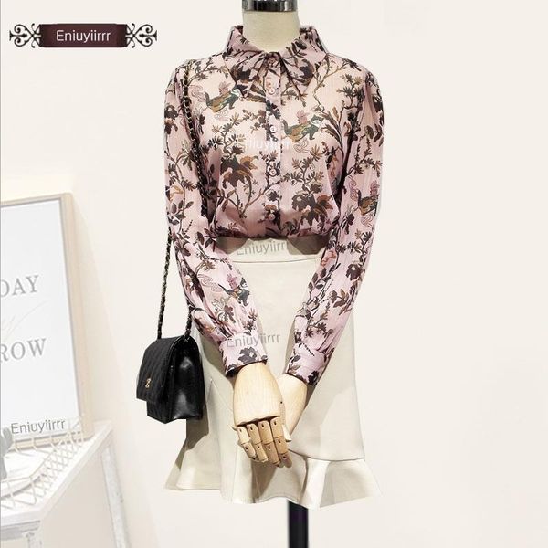 

women's blouses & shirts women fashion korean style temperament lady floral printed chiffon blouse transparent e322, White