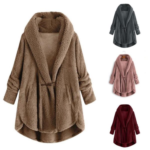 

winter casual faux fur coat women plus size horn button plush hooded loose cardigan wool coat winter jacket, Black