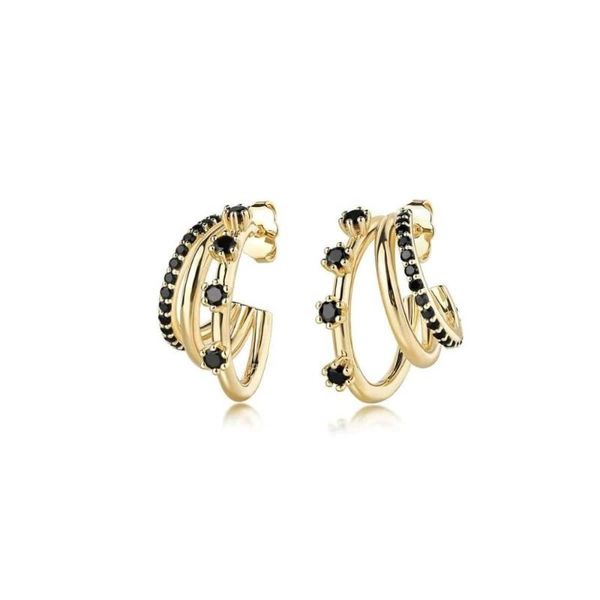 

hoop & huggie lozrunve desbloqueio 925 sterling silver pave black cz colored zirconia triple threat hook earring, Golden;silver