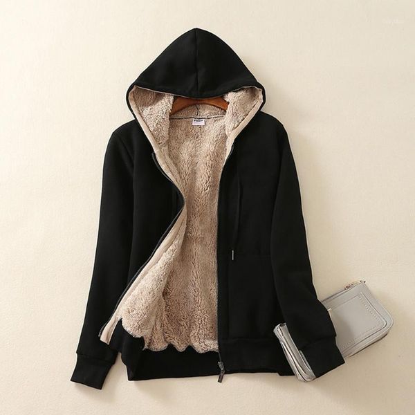 

ew# women's casual winter warm sherpa lined long sleeve zip up hooded plus velvet composite sweatshirt jacket coat1, Black;brown
