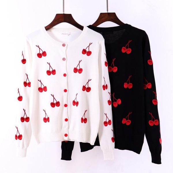 

2020 new women sweet sweater cardigan spring and summer round collar , long sleeve cherry embroidered coat, White