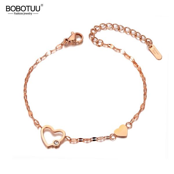 

bobotuu rose gold stainless steel love heart charm bracelets bangle for women bohemia cz crystal chain link bracelet bb20033, Golden;silver