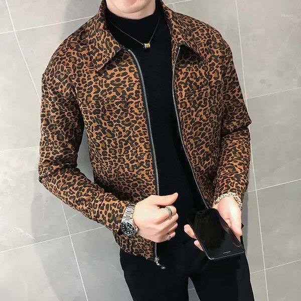 

casual mens bomber men 2020 autumn leopard print zipper jacket flow loose coat chaqueta hombre1, Black;brown