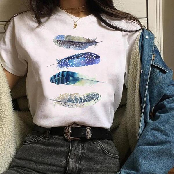 

women print clothes graphic feather girl 90s style fashion ladies printing lady tees female t shirt womens t-shirt, White