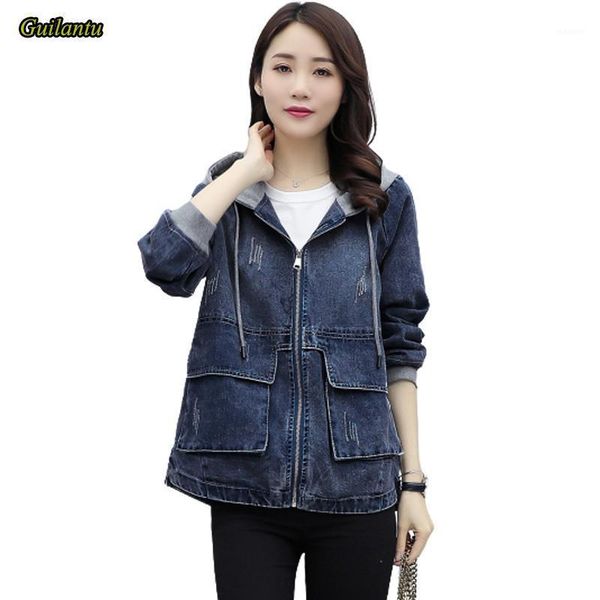 

guilantu 2020 spring autumn denim coat female hooded zipper casual vintage basic jacket women frayed streetwear jeans jackets1, Black;brown