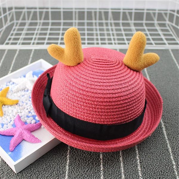 

2020 children cartoon summer straw hat cute antlers decoration sun hats for kids girls boys beach cap panama hat bone wmtwbj xhlove, Black;white