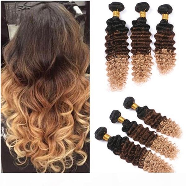 

#1b 4 27 honey blonde ombre brazilian human hair weave extensions deep wave 3pcs black brown and light brown three tone ombre bundles