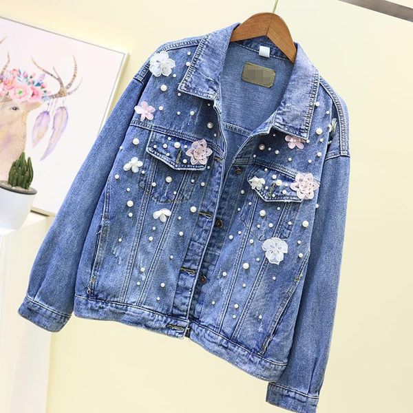 

autumn new style korean loose heavy industry beaded flower denim short jacket female fashion long-sleeved jacket, Black;brown
