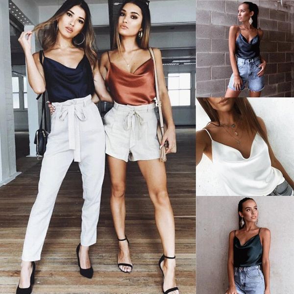 

fashion women summer loose satin vest deep v neck sleeveless casual tank t shirt clothing, White