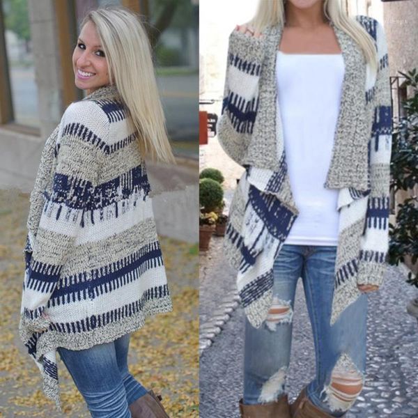 

wholesale- 2016 new arrivals fashion spring autumn winter women irregular stripe lapel long cardigan sweater full sleeve1, White;black