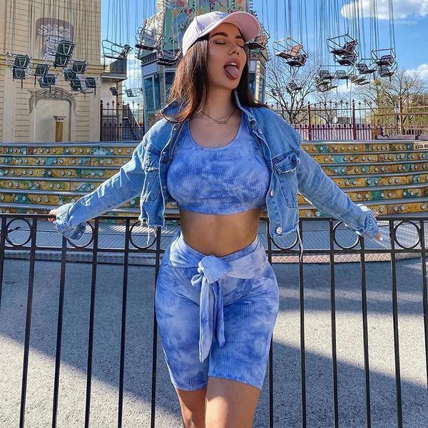 

women printing dyeing sleeveless round neck vest strap shorts slender ladies slim crew collar workout casual set1, Gray