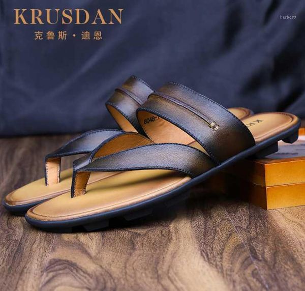 

sandals apricot/brown genuine leather men flip-flops 2021 est beach sandal slippers big sizeeu441, Black