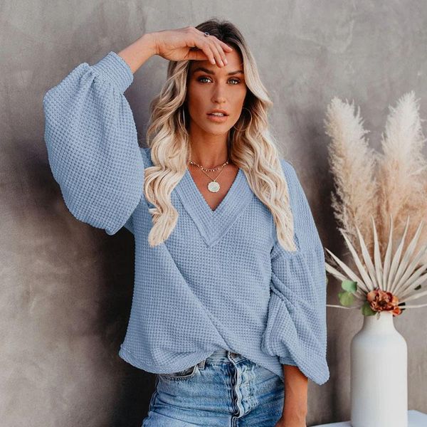 

hkcp fashion knitted sweater casual v-neck full regular pullovers lantern sleeve polyester sweater womens autumn 2020, White;black