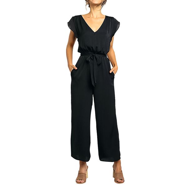 

summer formal cool office lady womens solid black v-neck playsuit party summer romper loose belt bandage wide leg jumpsuit t200107, Black;white