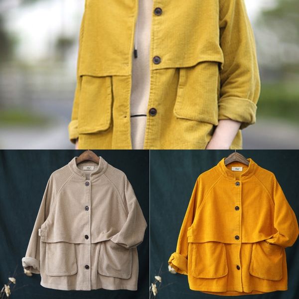 

hy0tj 19 autumn new pocket clothes clotheswick short work clothes work artistic stand overalls collar long sleeve corduroy coat 2729 xpoq2, Black;gray