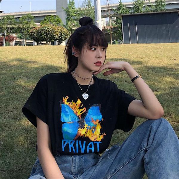 

harajuku gothic punk vintage flame blue butterfly letter summer girls ins punk casual print ins hip hop chic women t shirt, White