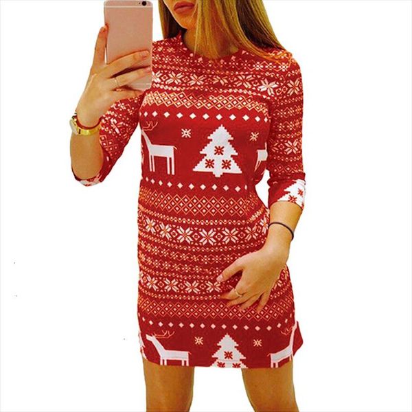 

autumn print winter dress women christmas reindeer tree snowflake casual xmas mini party dresses female red black designer clothes, Black;gray