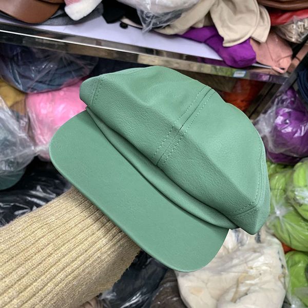 

jmx / korean autumn winter pu imitation leather candy color octagonal women's casual and versatile personality hat, Blue;gray