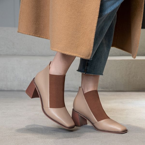 

2020 comfortable new fashion genuine leather ladies'ankle boots stylish square toe thick heels party women's xex9, Black