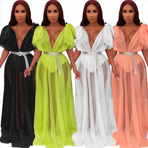 

2019 summer women mesh transparent deep v neck high waist maxi dress nigth club party flare sleeve long dresses vestidos, Black;gray