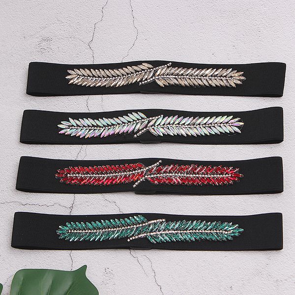 

women rhinestone belt fashion 2020 diamonds beading leaves elegant elastic wide belt corset t200427, Black;brown