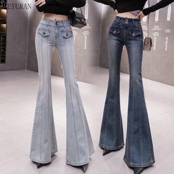

women flare jeans 2021 high waist slim pockets blue demin pants spring autumn streetwear full length jeans female long trousers