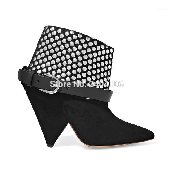 

boots celebrity style otway leather-trimmed studded suede ankle buckle strap black booties spike heels rivet shoes woman botas1
