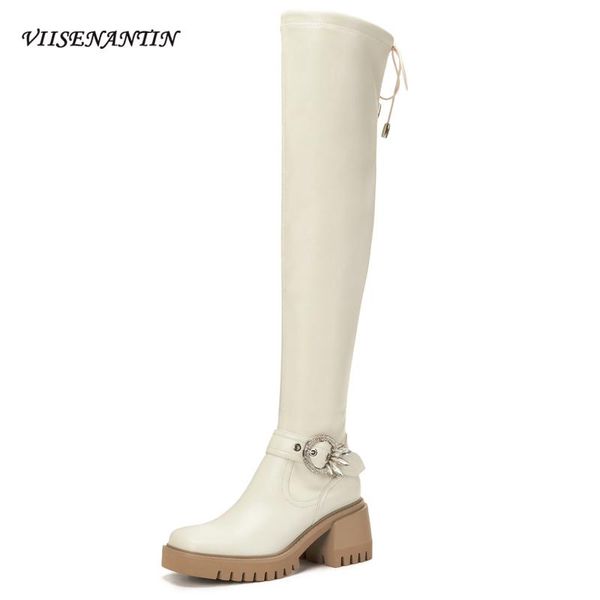 

boots autumn winter thick high heel chunky sole belt buckle over-the-knee knight women platform leather metal decoration shoes, Black