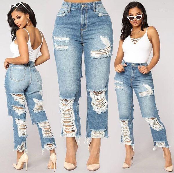 

street high waist ragged straight jeans women's slim 9-point pants women's street big hole casual jeans 2020 new1, Blue