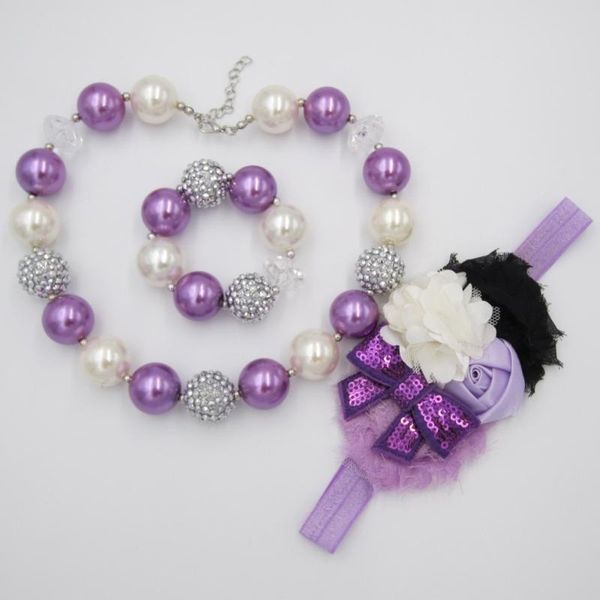 

3pcs/set baby&toddler 20mm chunky bead bubblegum necklace bracelet headband jewelry set girls gifts pearl necklace bow head band, Silver