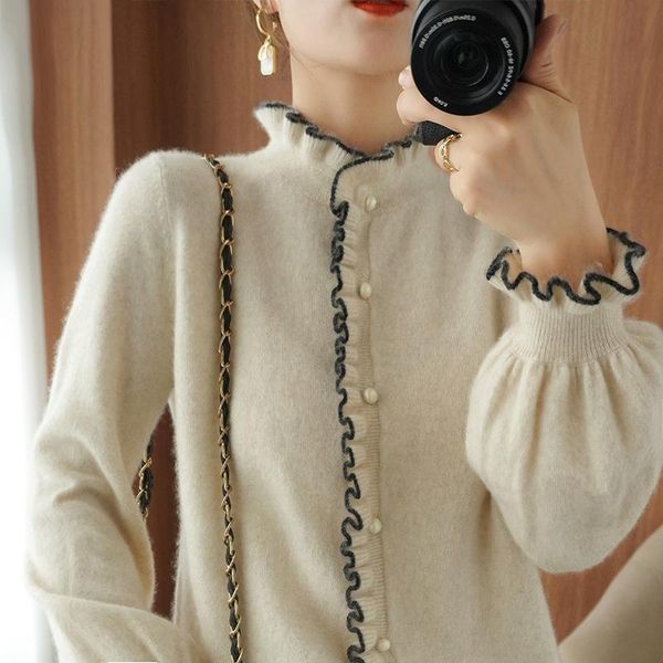 

bottle sweater female cardigan coat 2020 new agaric side lantern sleeve cashmere sweater knitting render unlined upper garment, Black