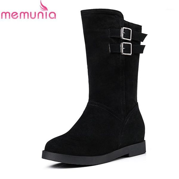 

memunia size 30-43 new arrival 2020 mid calf boots solid buckle suede leather boots round toe med heels women casual shoes1, Black