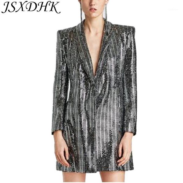 

jsxdhk spring women blazer coat 2019 runway sequins gilding shining long sleeve notched collar slim luxury jacket long coat1, White;black